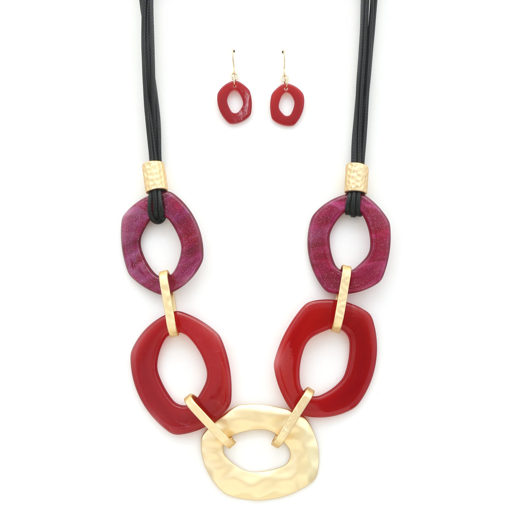 ACETATE METAL ROUND LINK PU LEATHER NECKLACE