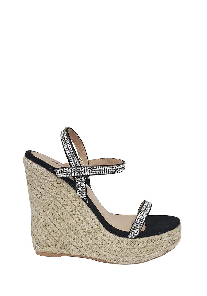 RHINESTONE BUCKLE STRAP STRAW HIGH WEDGE SHOES
