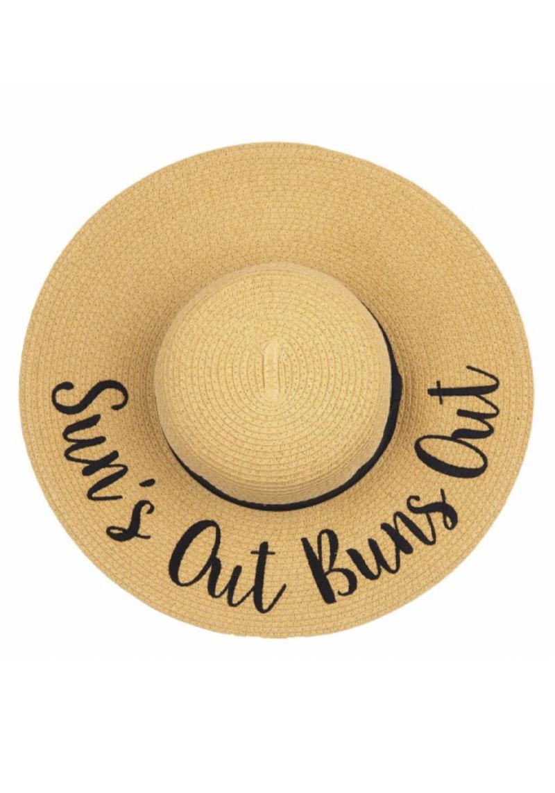 PAPER BRIM STRAW HAT WITH LETTERING AND RIBBON BAND