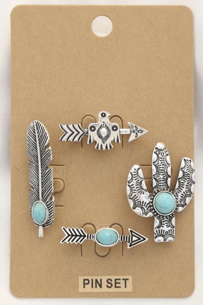 WESTERN CACTUS FEATHER TURQUOISE BEAD ASSORTED PIN SET