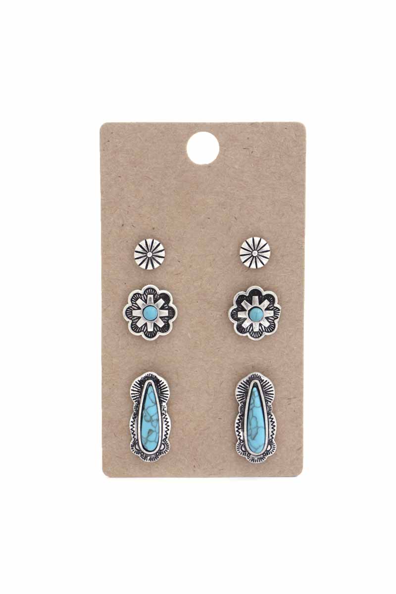 WESTERN STYLE TQ NATURAL STONE STUD EARRING 3 PAIR SET