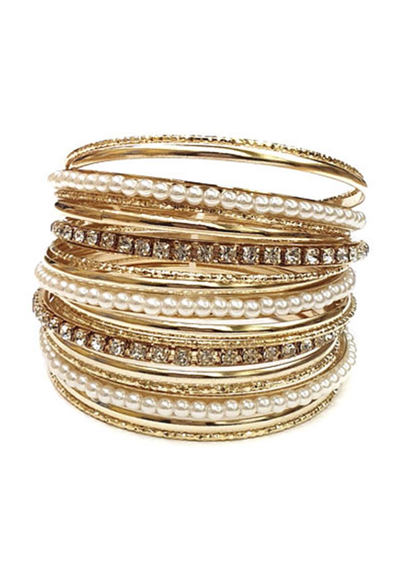 METAL RHINESTONE PEARL BANGLE MULTI BRACELET SET