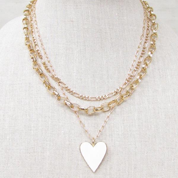 HEART COLOR METAL OVAL LINK LAYERED NECKLACE