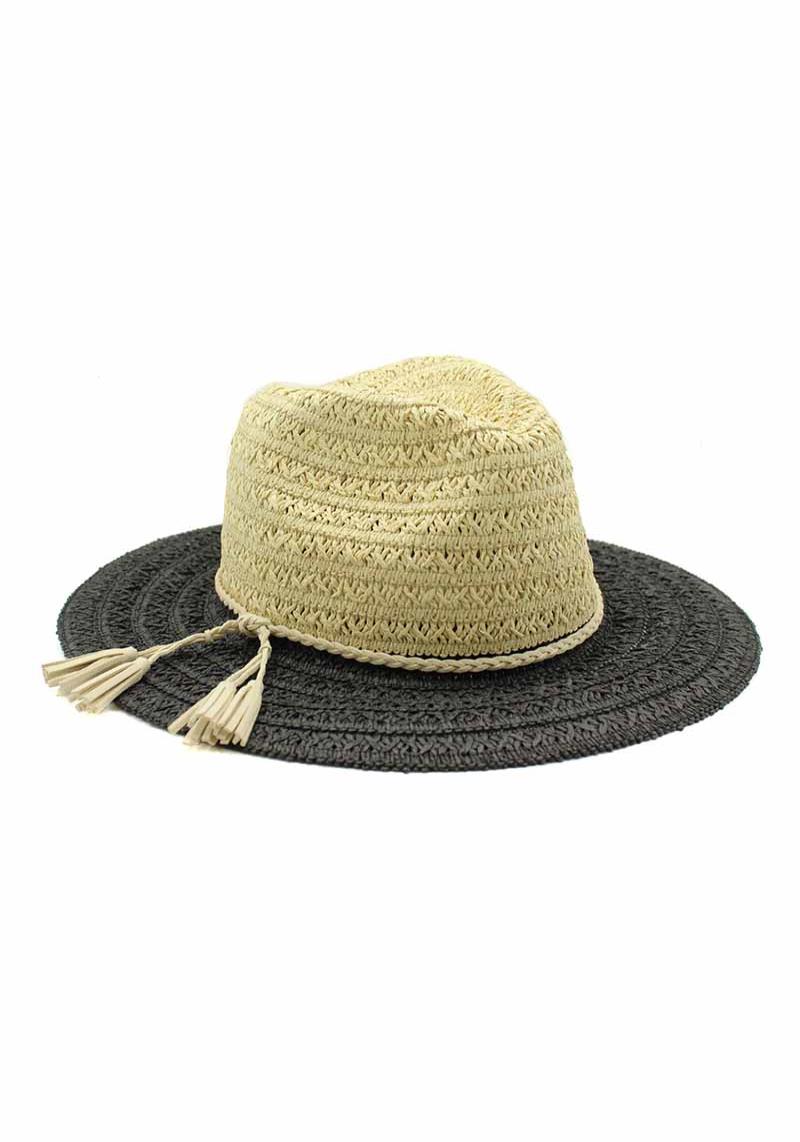 STRAW FEDORA WITH BRAIDED FAUX SUEDE TIE