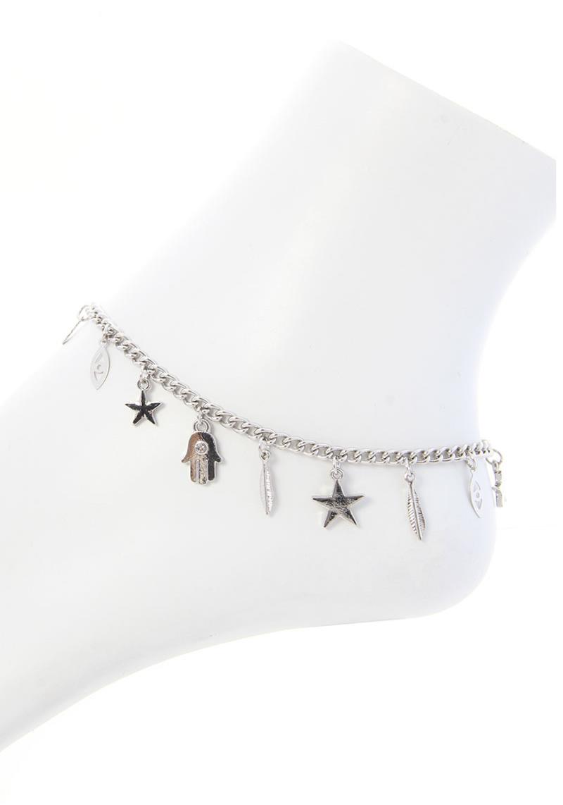 STAR AND HAMSA AND LEAF DANGLE METAL ANKLET