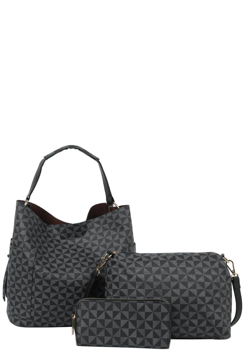 3IN1 SMOOTH CHECKERED HOBO BAG WITH MINI BAG AND WALLET SET