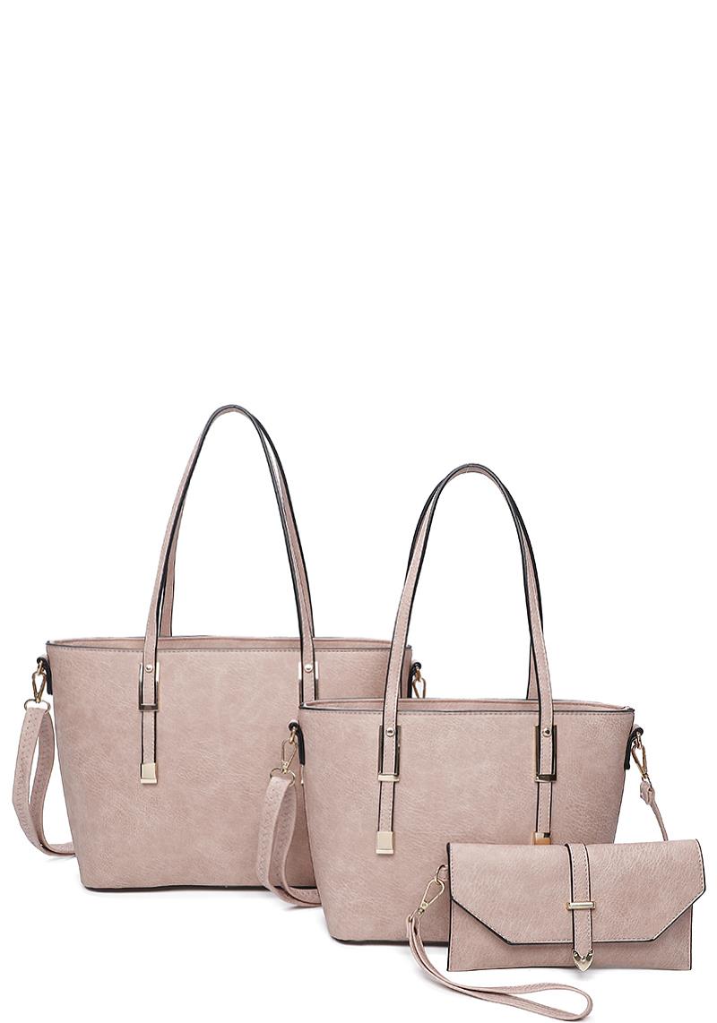 3IN1 FASHION SMOOTH LEATHER DESIGN TOTE BAG WITH MATCHING BAG AND CLUTCH SET