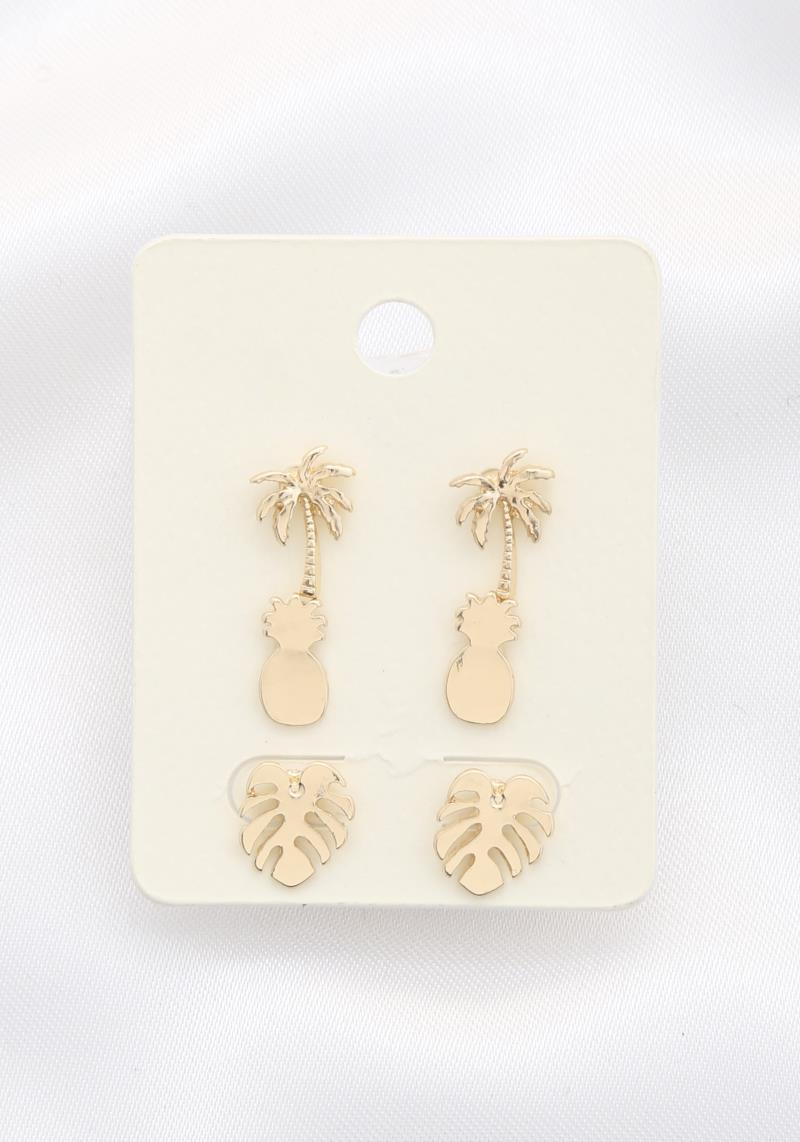 PALM TREE PINEAPPLE STUD EARRING SET