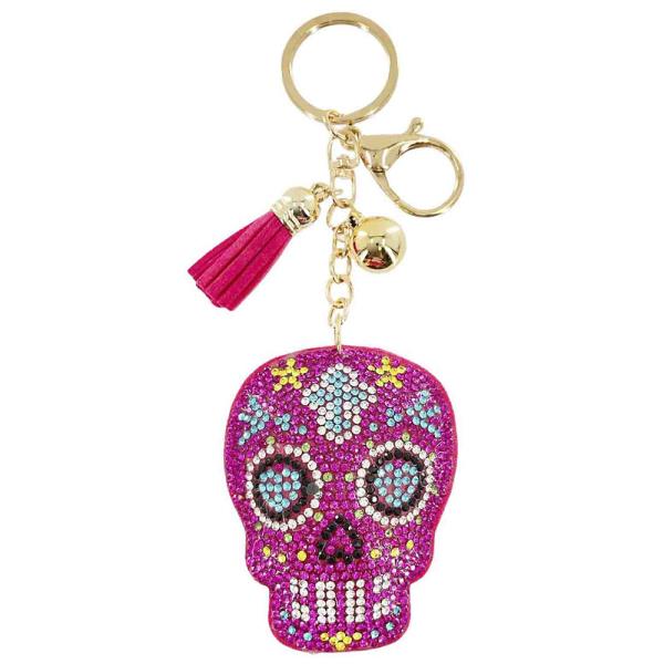 HALLOWEEN RHINESTONE FLOWER SKULL KEYCHAIN WITH TASSEL