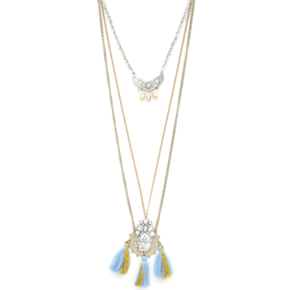 RHINESTONE FILIGREE TASSEL METAL LAYERED NECKLACE