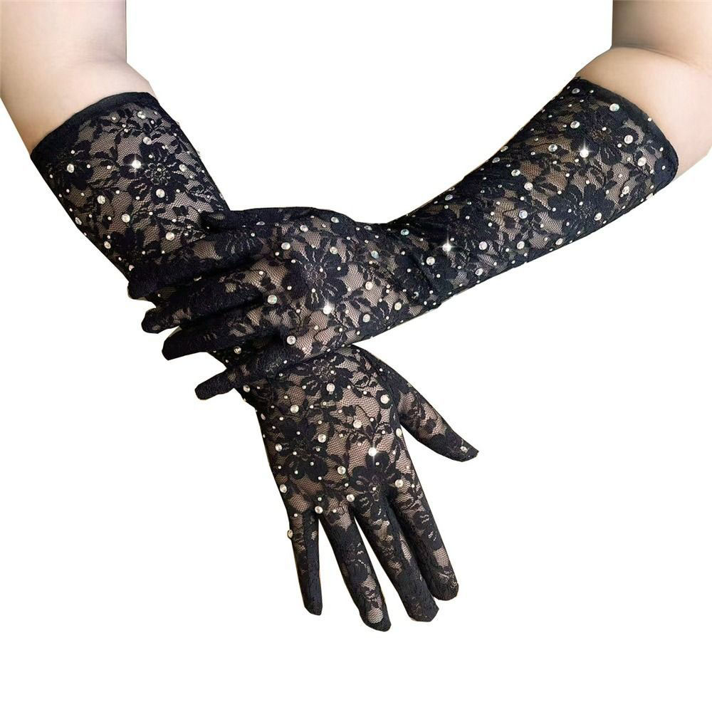 FLOWER LACE MESH STONE STUDDED GLOVES