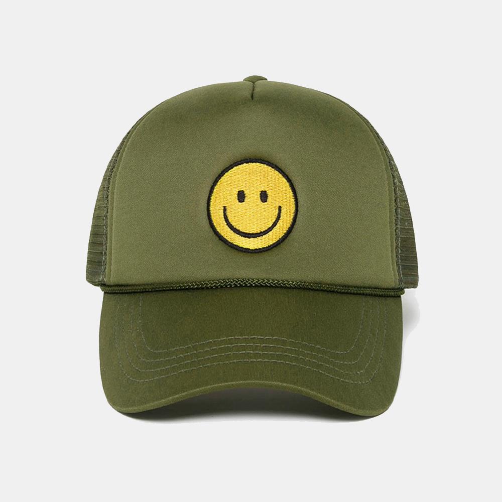 HAPPY FACE EMBROIDERED MESH BACK TRUCKER CAP