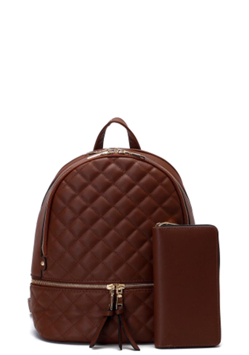 2IN1 QUILT ZIPPER BACKPACK WITH WALLET SET