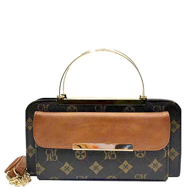 PATTERN PRINT TWO TONE METAL HANDLE CROSSBODY BAG