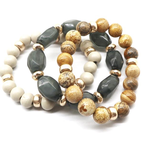 SEMI PRECIOUS STONE WOOD BEAD BRACELET SET