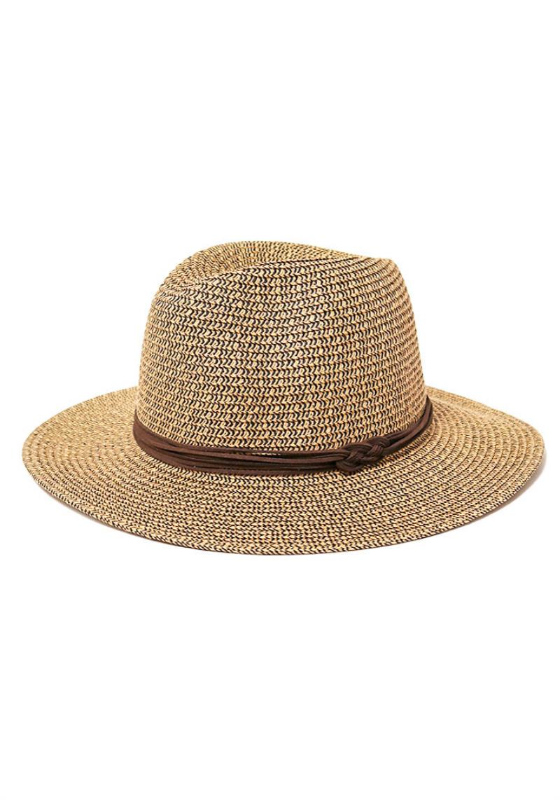 MARLED STRAW PANAMA HAT WITH KNOTTED FAUX SUEDE TRIM