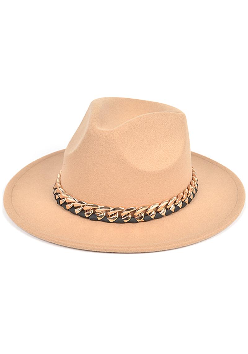 FAUX WOOL FEDORA HAT WITH CHAIN