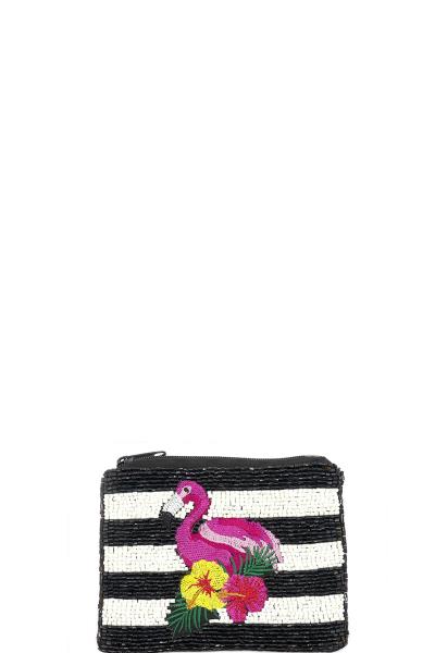 STRIPED FLAMINGO SEED BEAD POUCH