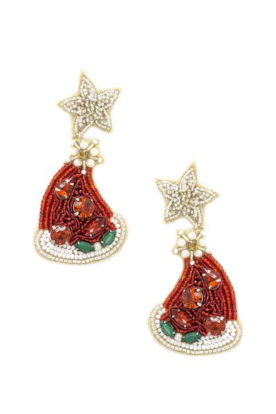 CHRISTMAS SEED BEAD SANTA HAT DANGLE EARRING