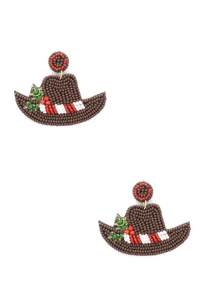 SEED BEAD CHRISTMAS WESTERN STYLE COW BOY HAT DANGLE EARRING