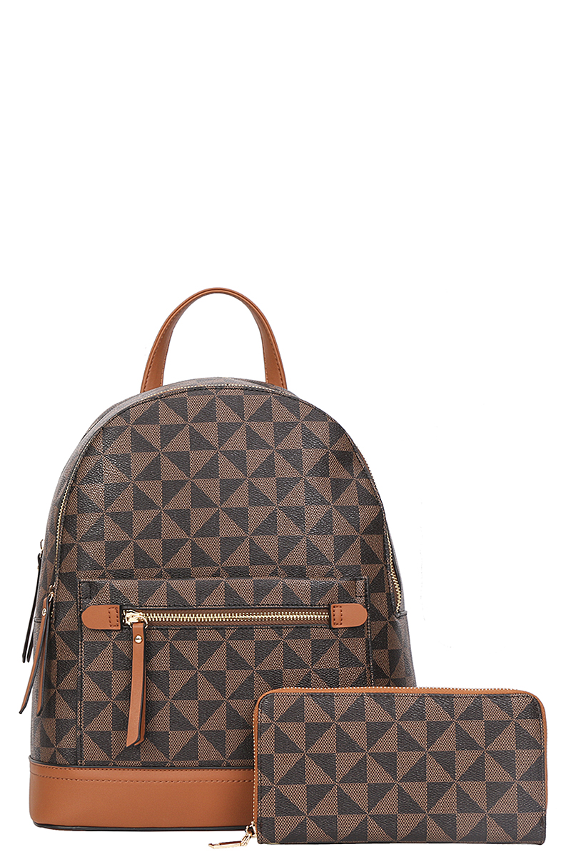 MONOGRAM PATTERN ZIPPER BACKPACK WITH WALLET SET