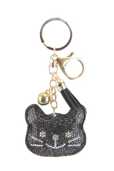 RHINESTONE CAT KEYCHAIN WITH TASSEL