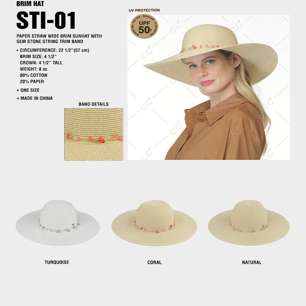 CC PAPER STRAW WIDE BRIM SUNHAT WITH GEM STONE STRING TRIM BAND