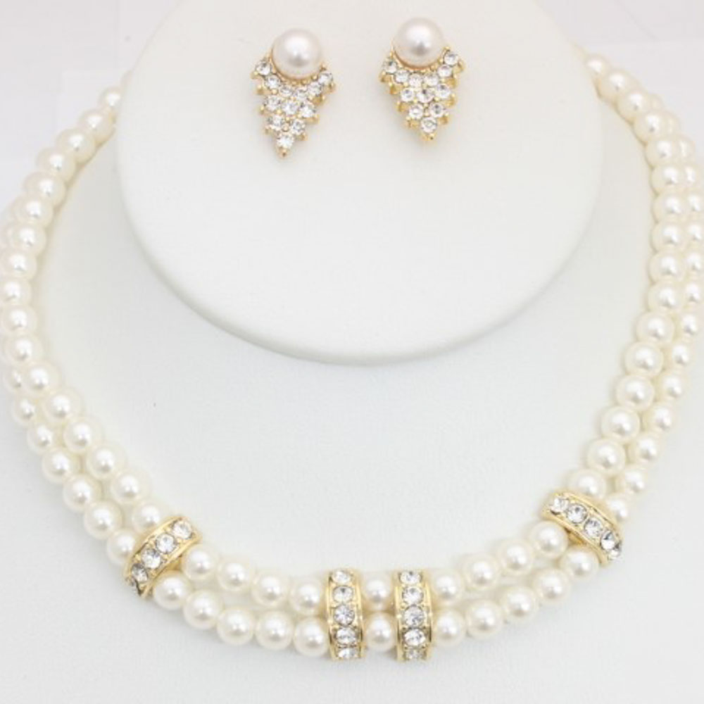 2 LINE PEARL NECKLACE EARRING SET