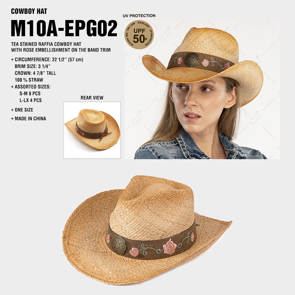 CC TEA STAINED RAFFIA COWBOY HAT WITH ROSE EMBELLISHMENT ON THE BAND TRIM