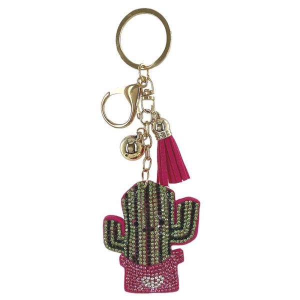 RHINESTONE CACTUS KEYCHAIN WITH TASSEL