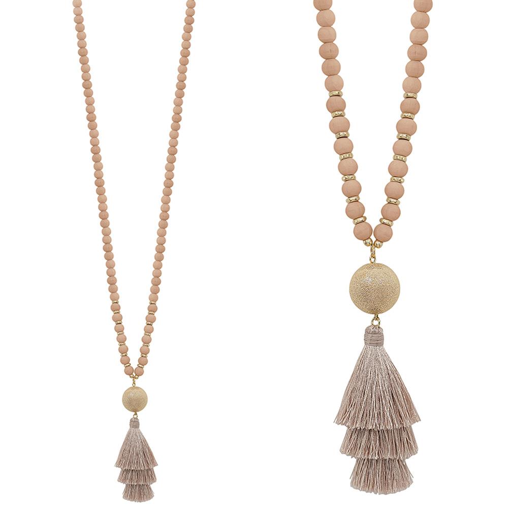 SATIN METAL BALL ACCENT TASSEL PANDENT WOOD  LONG NECKLACE