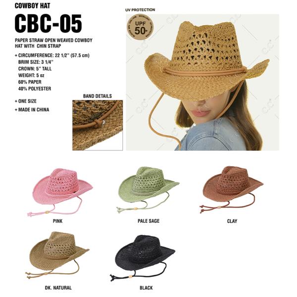 CC PAPER STRAW OPEN WEAVED COWBOY HAT WITH CHIN STRAP