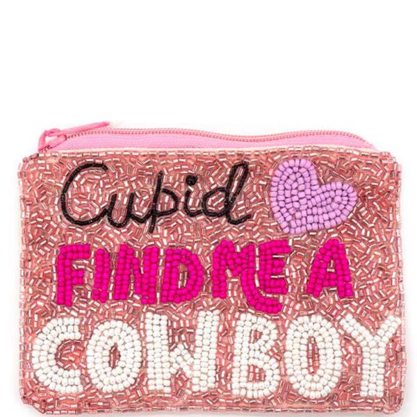 "CUPID FIND ME A COWBOY" SEED BEADED COIN BAG