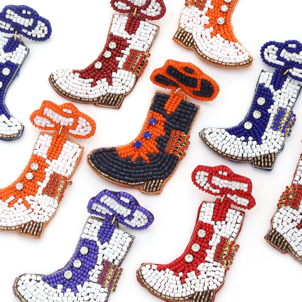 SEED BEAD COLLEGIATE GAME DAY COWGIRL HAT & BOOTS DANGLE EARRING