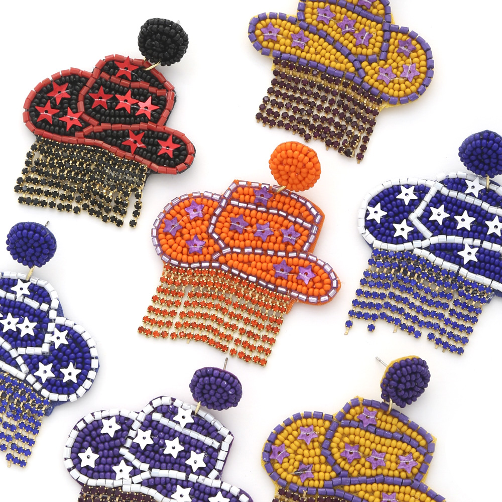 SEED BEAD GAME DAY COWGIRL HAT FRINGE DANGLE EARRING