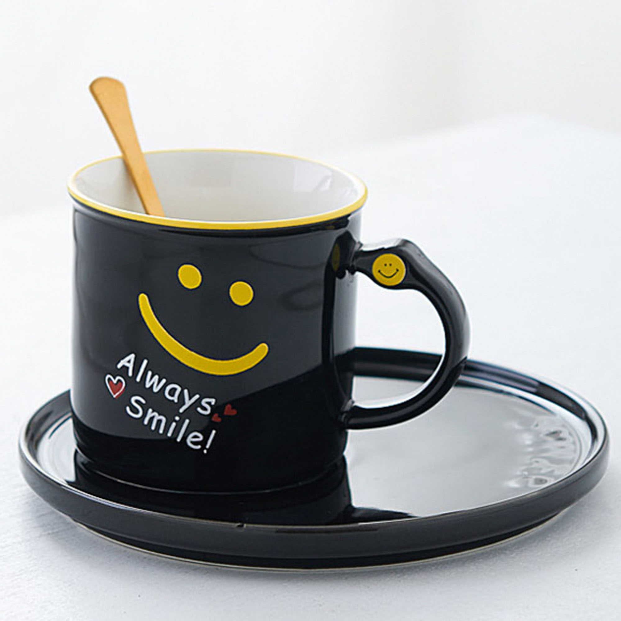 CERAMIC SMILE MUG CARTOON COFFEE MILK TEA WATER CUP WITH SAUCER AND SPOON
