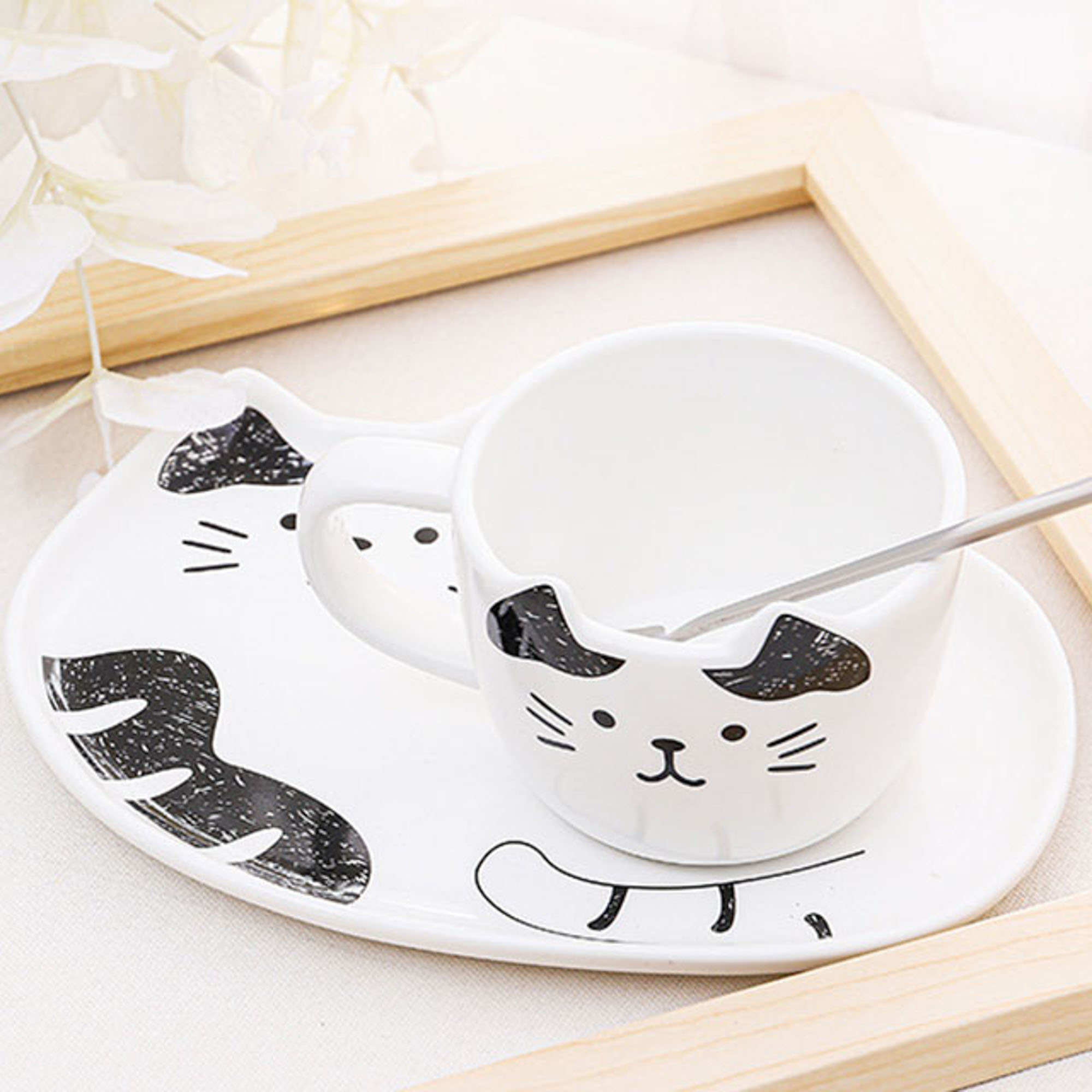 COFFEE CUTE CAT CERAMIC MUG WITH SPOON AND SAUCER NOVELTY
