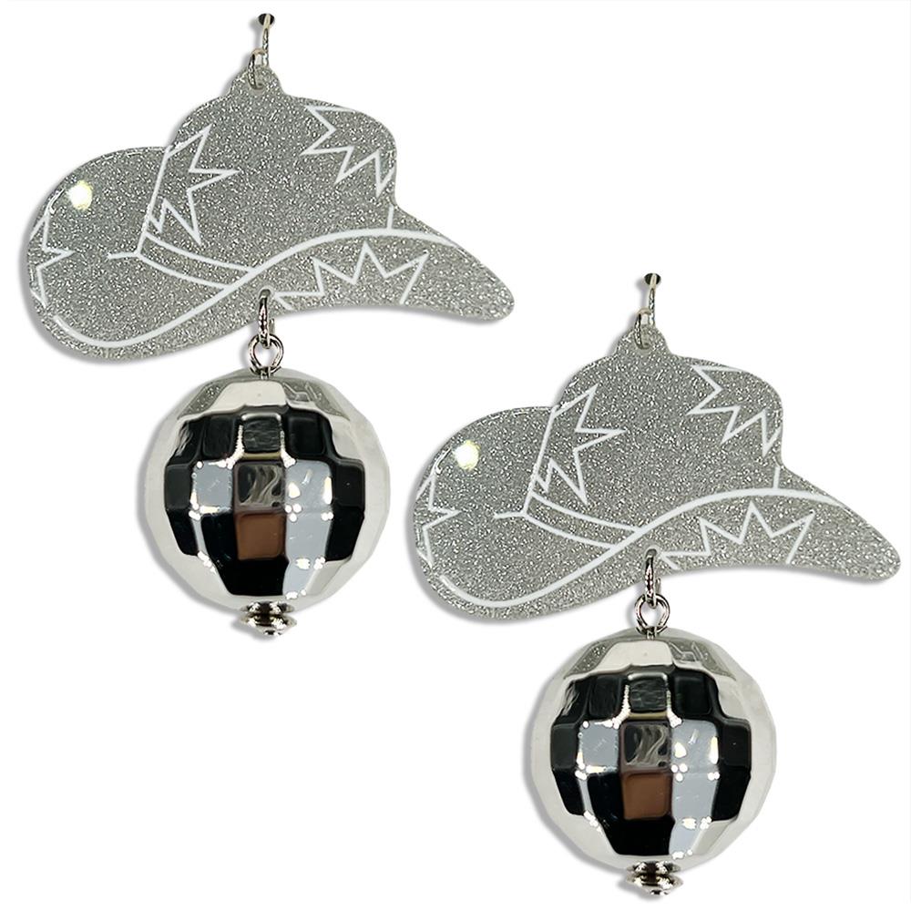 WESTERN HAT DISCO BALL DANGLE EARRING