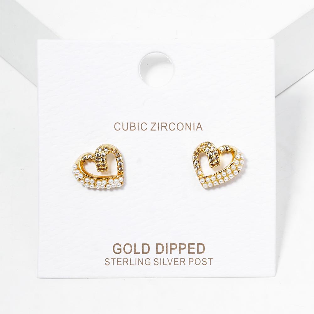 CZ GOLD DIPPED HEART PEARL BEAD POST EARRING