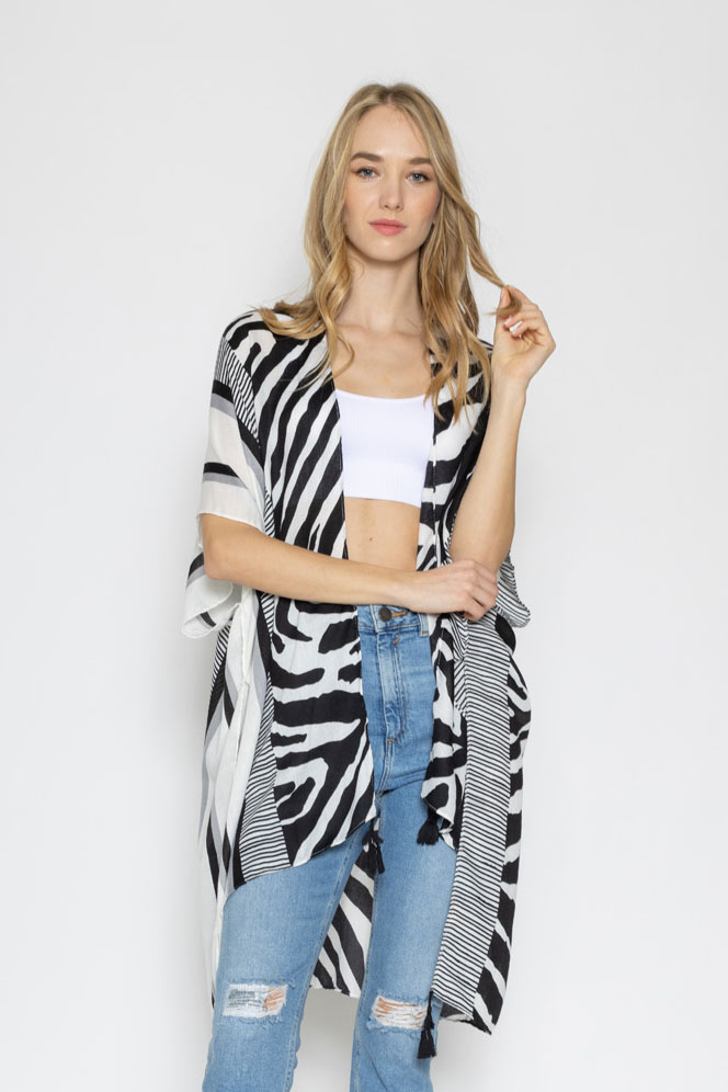 ZEBRA PRINT KIMONO W/ TASSELS