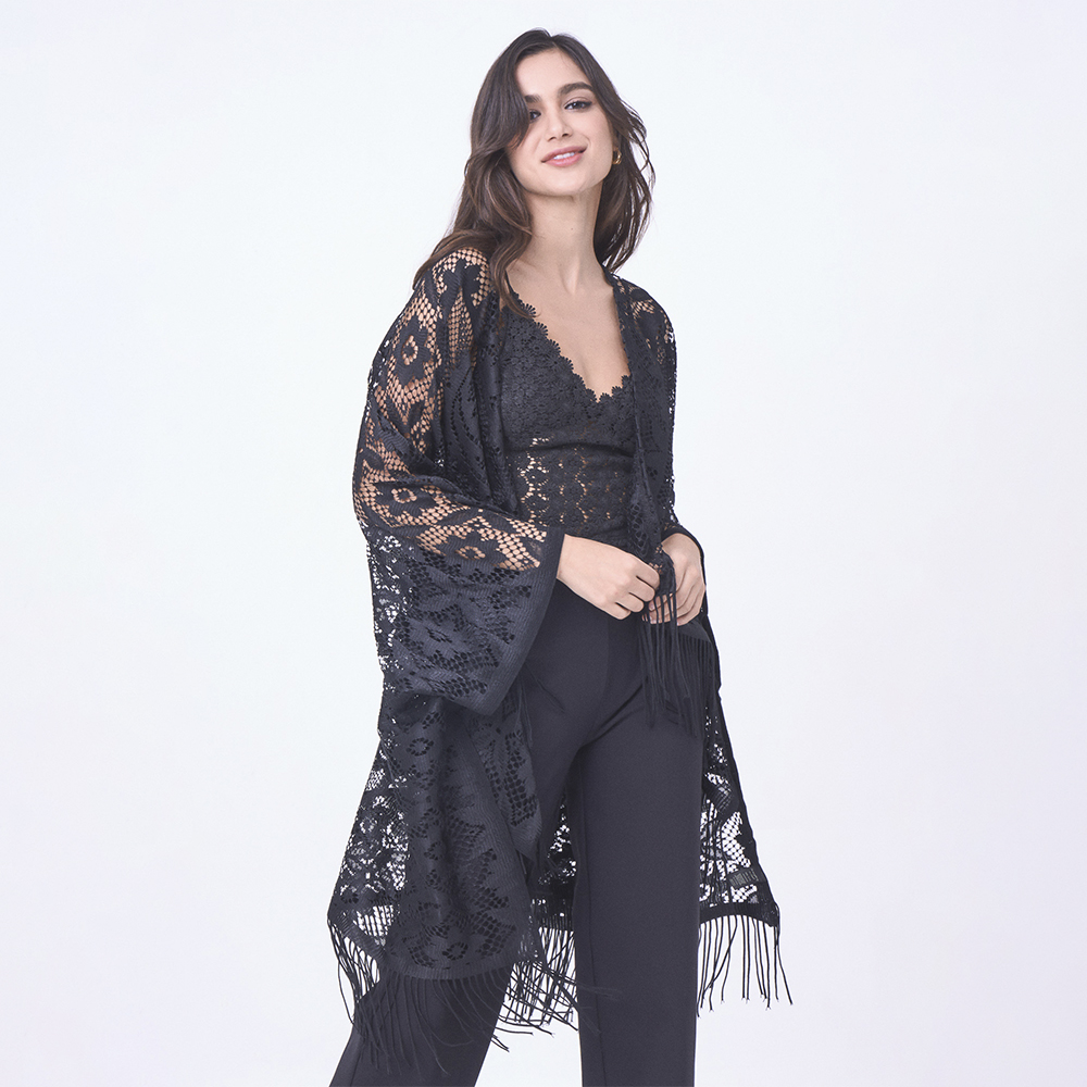 FLORAL LACE KIMONO WITH FRINGE