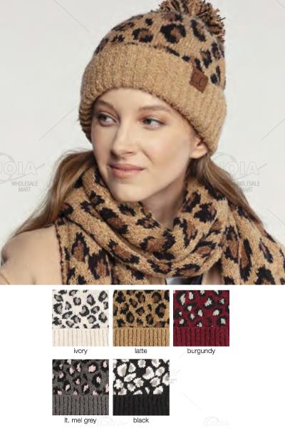 CC LEOPARD KNIT BEANIE WITH KNIT POM