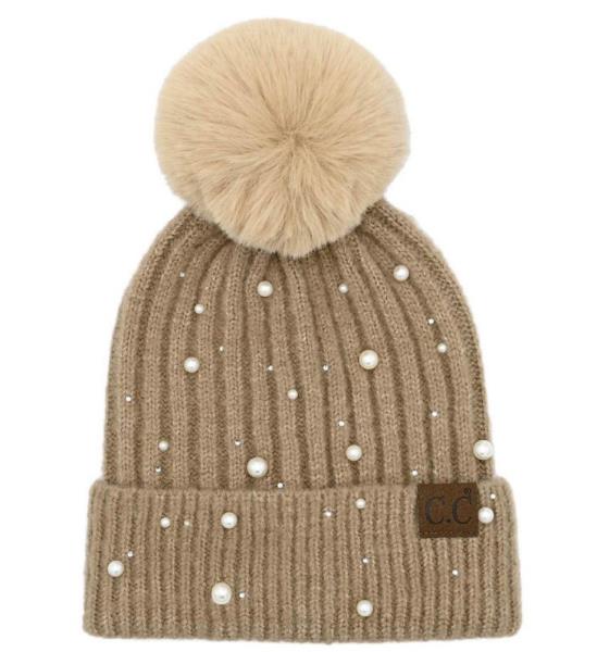 CC PEARL EMBELLISHMENTS POM BEANIE HAT