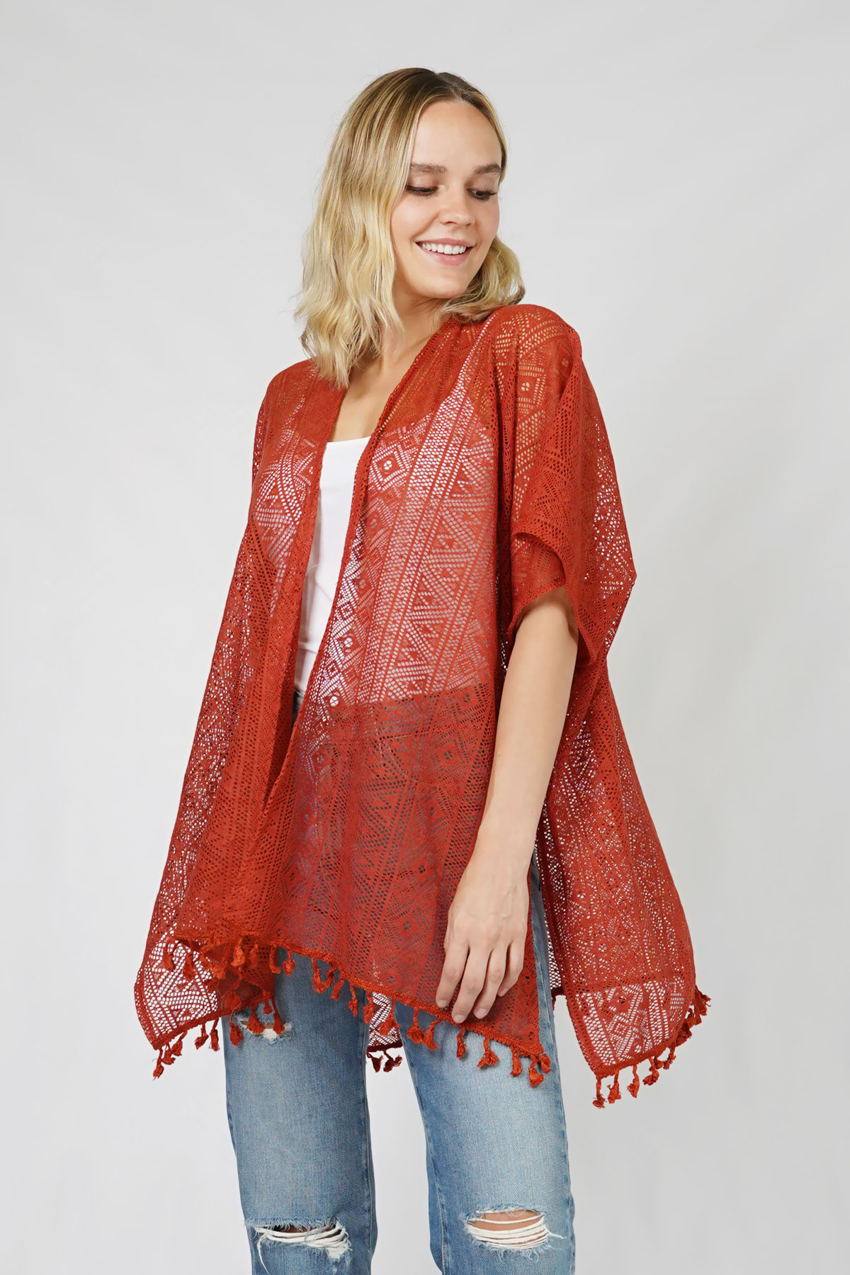 ETHNIC PATTERN LACE KIMONO w/TASSEL