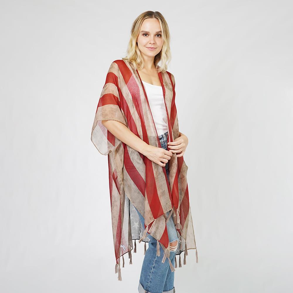 AMERICAN FLAG PRINT KIMONO TASSEL