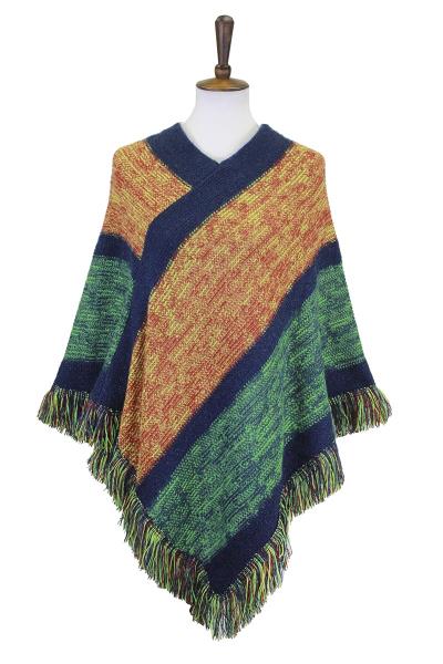 EDGE TASSEL COLOR STRIPE KNIT PONCHO