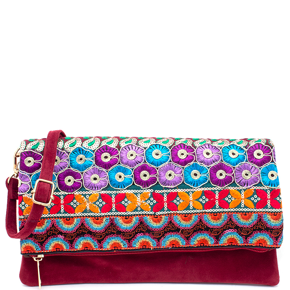 SMOOTH MULTI COLORED FLORAL LIKE PATTERN CLUTCH BAG W LONG STRAP