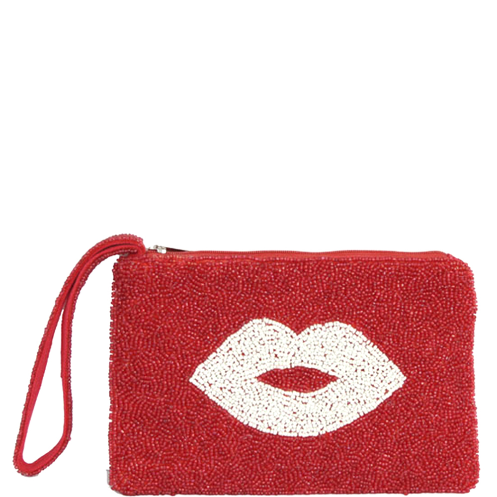 KISSY LIPS SEED BEAD ZIPPER BAG