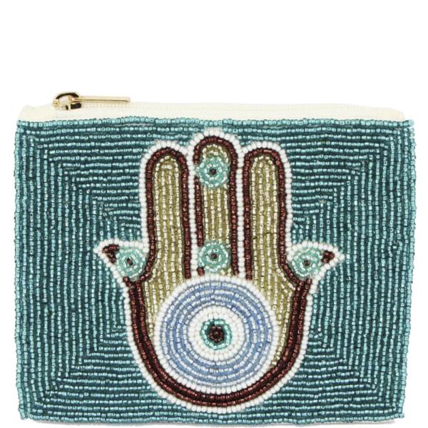 FASHION HAMSA EYE HAND FULLY SEED BEADED ZIPPER BAG