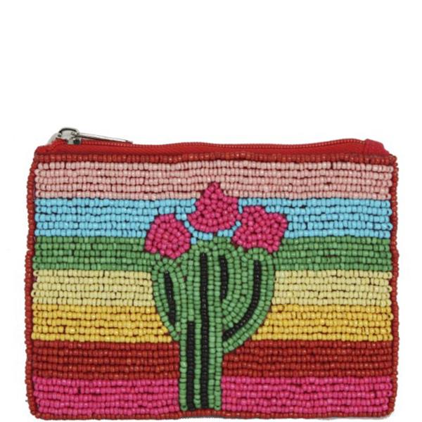 MULTI COLOR STRIPE CACTUS SEED BEAD ZIPPER BAG